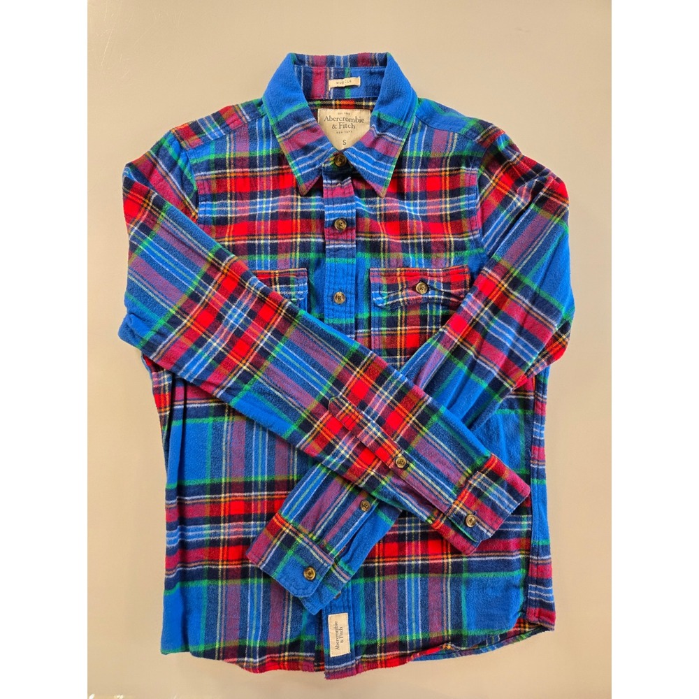 Abercrombie & Fitch Mens Small Muscle Fit Flannel Shirt Blue Red Plaid Cotton